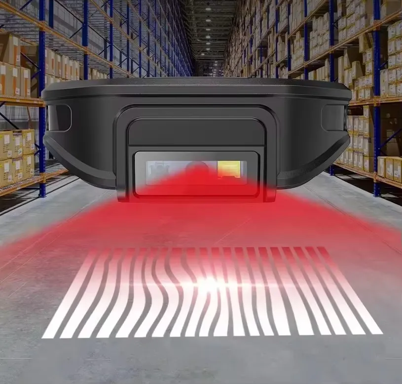 SIGAN K401 industrial 1D 2D laser barcode scanner engine emitting red aiming pattern in high shelf warehouse storage racks