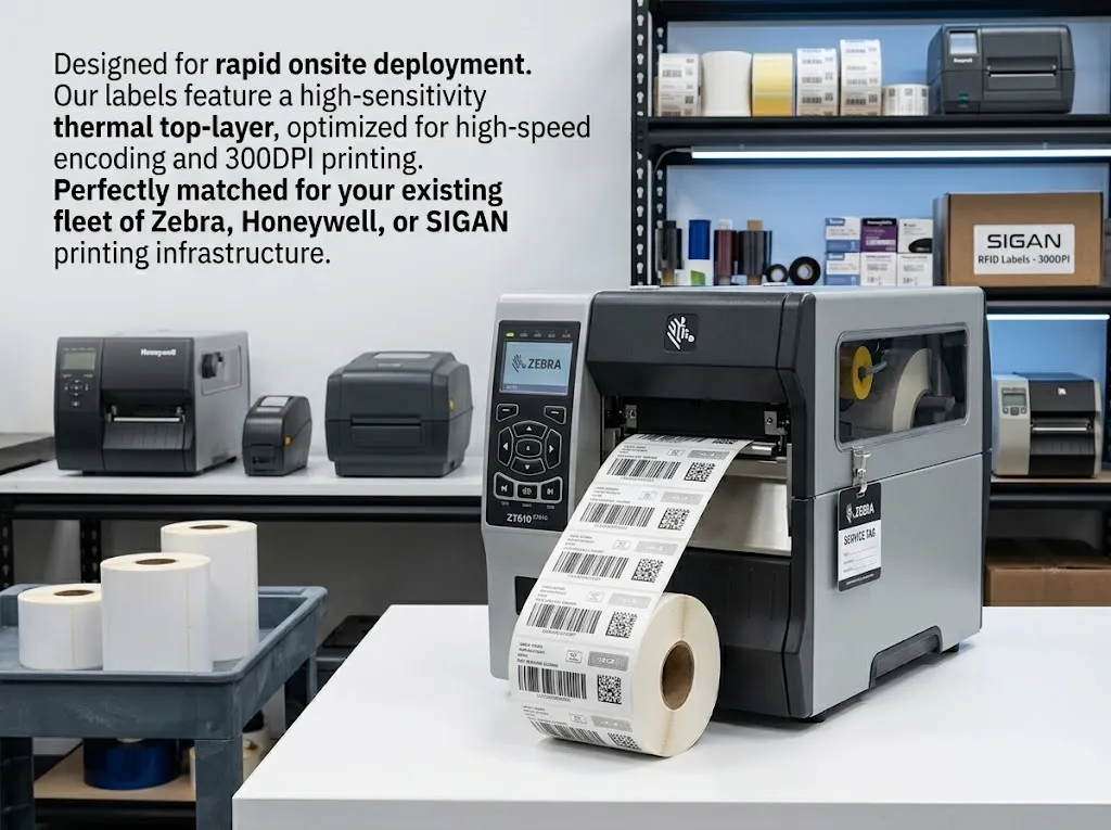 Industrial RFID printer outputting a stream of printed SIGAN smart labels