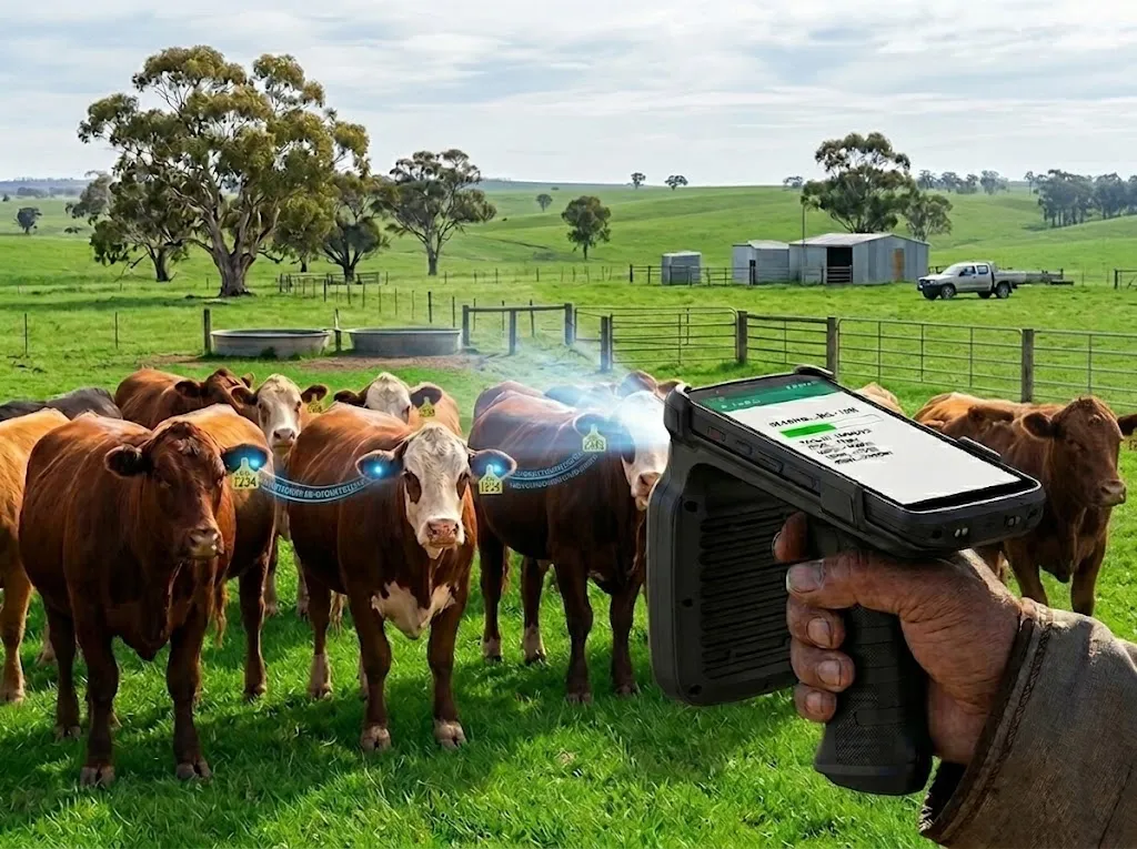 Rancher using SIGAN handheld UHF reader to bulk scan cattle with RFID ear tags