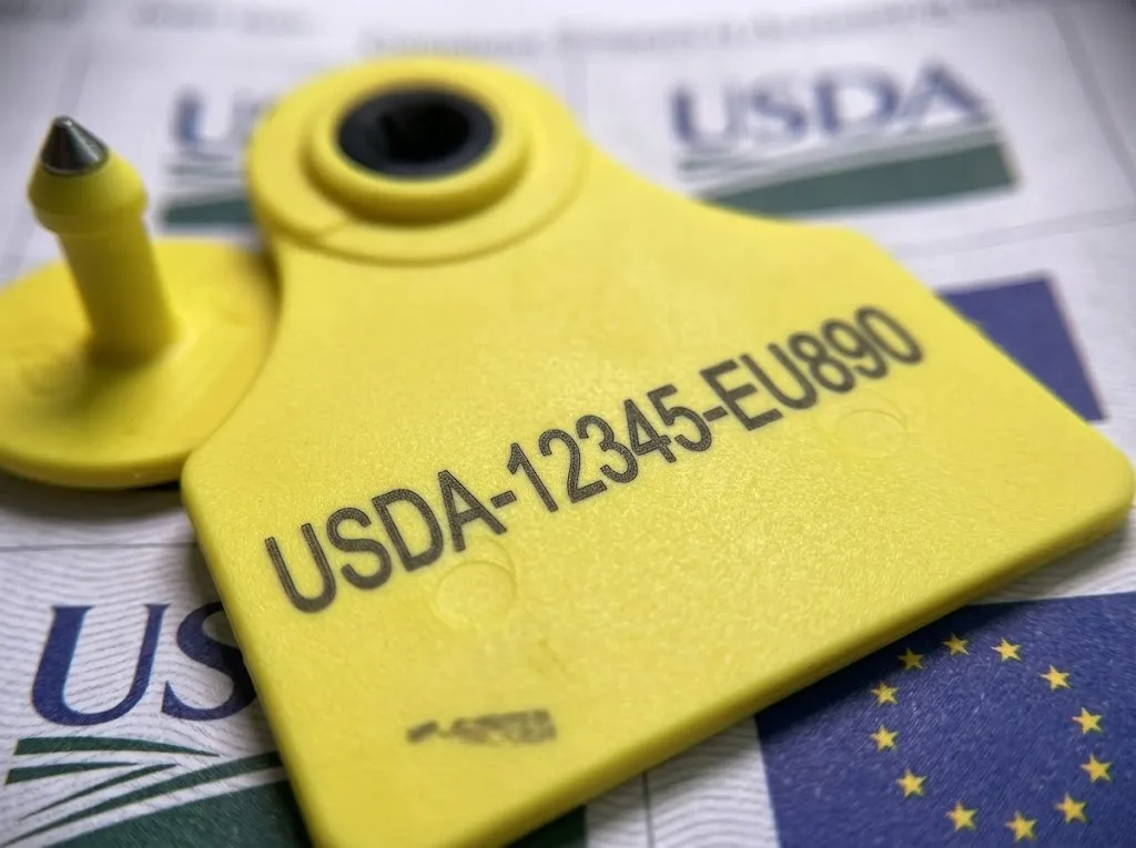 ICAR certified RFID cattle tag showing laser engraved unique 15-digit code