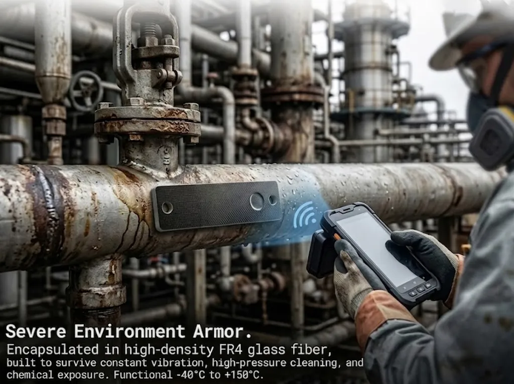 SIGAN industrial RFID tag mounted on heavy machinery in a petrochemical plant