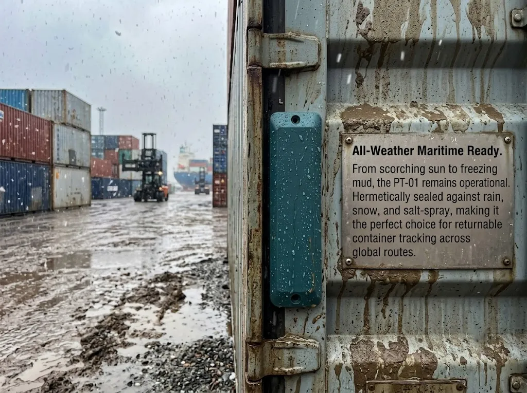 SIGAN IP68 RFID tags surviving outdoor rain and mud at a global shipping dock