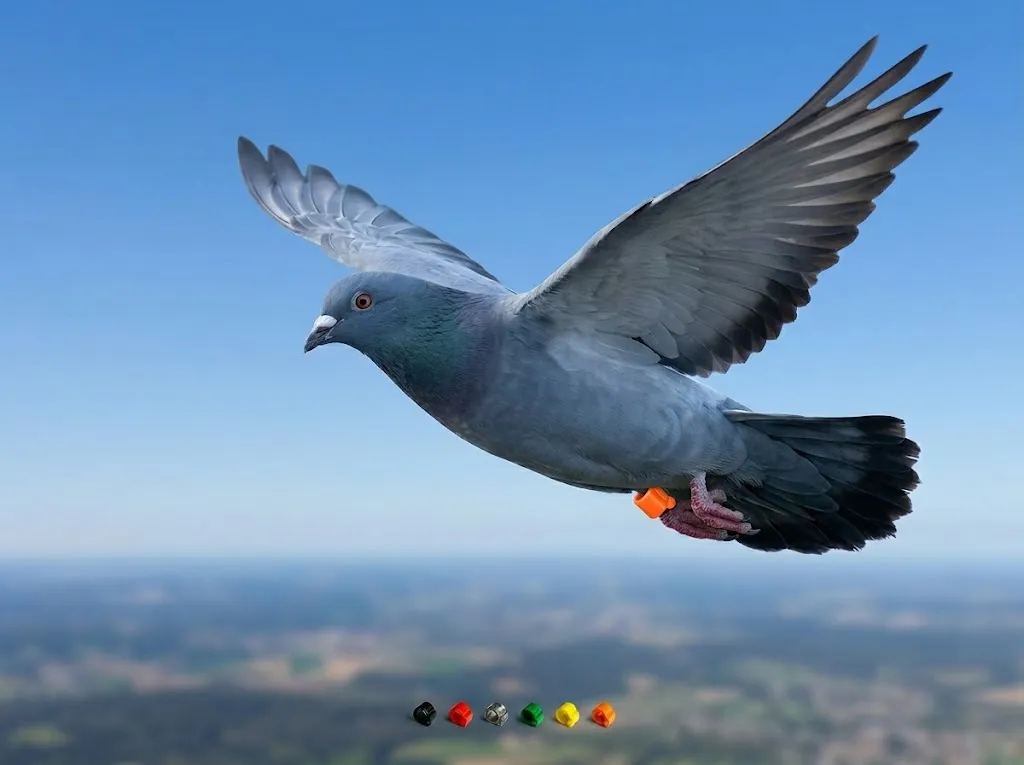 Racing pigeon in flight wearing SIGAN ultra-lightweight RFID racing ring