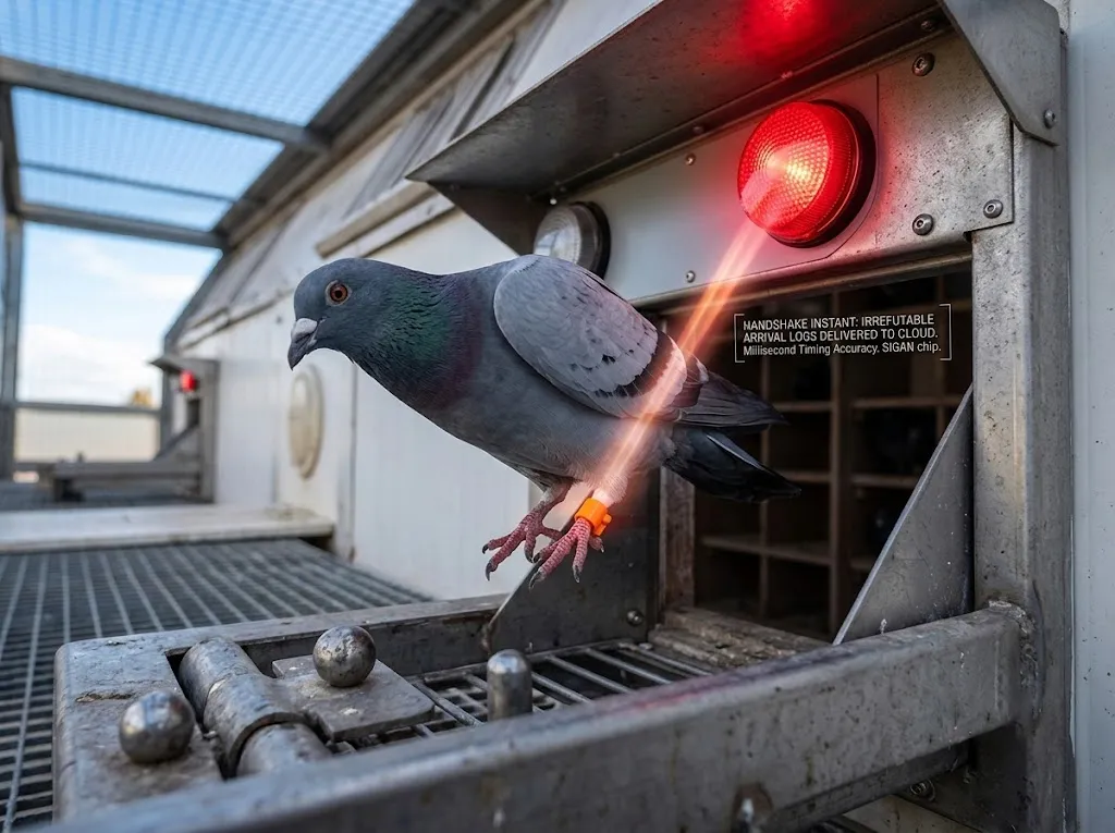 Pigeon entering a smart loft trap equipped with SIGAN RFID landing induction