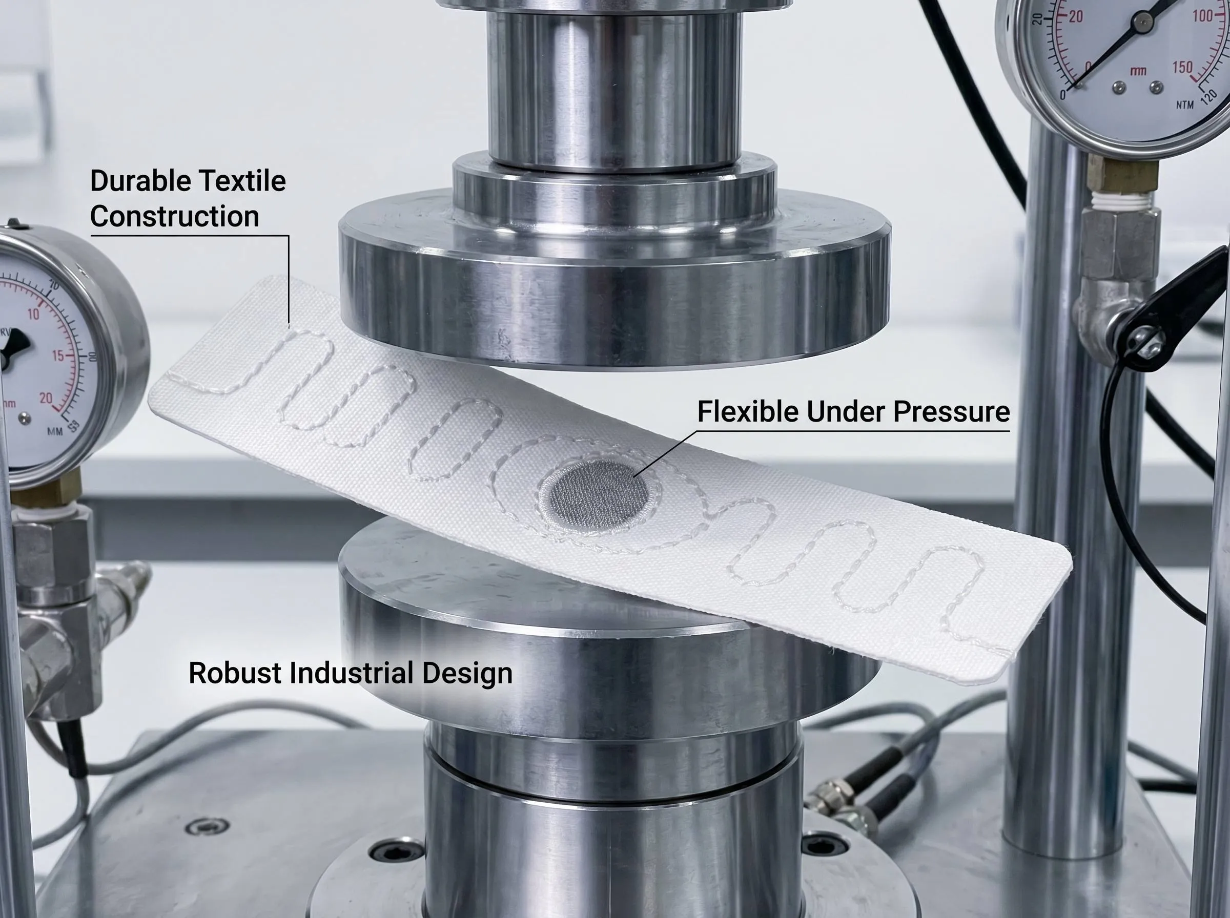 Industrial textile RFID tag undergoing a mechanical pressure test
