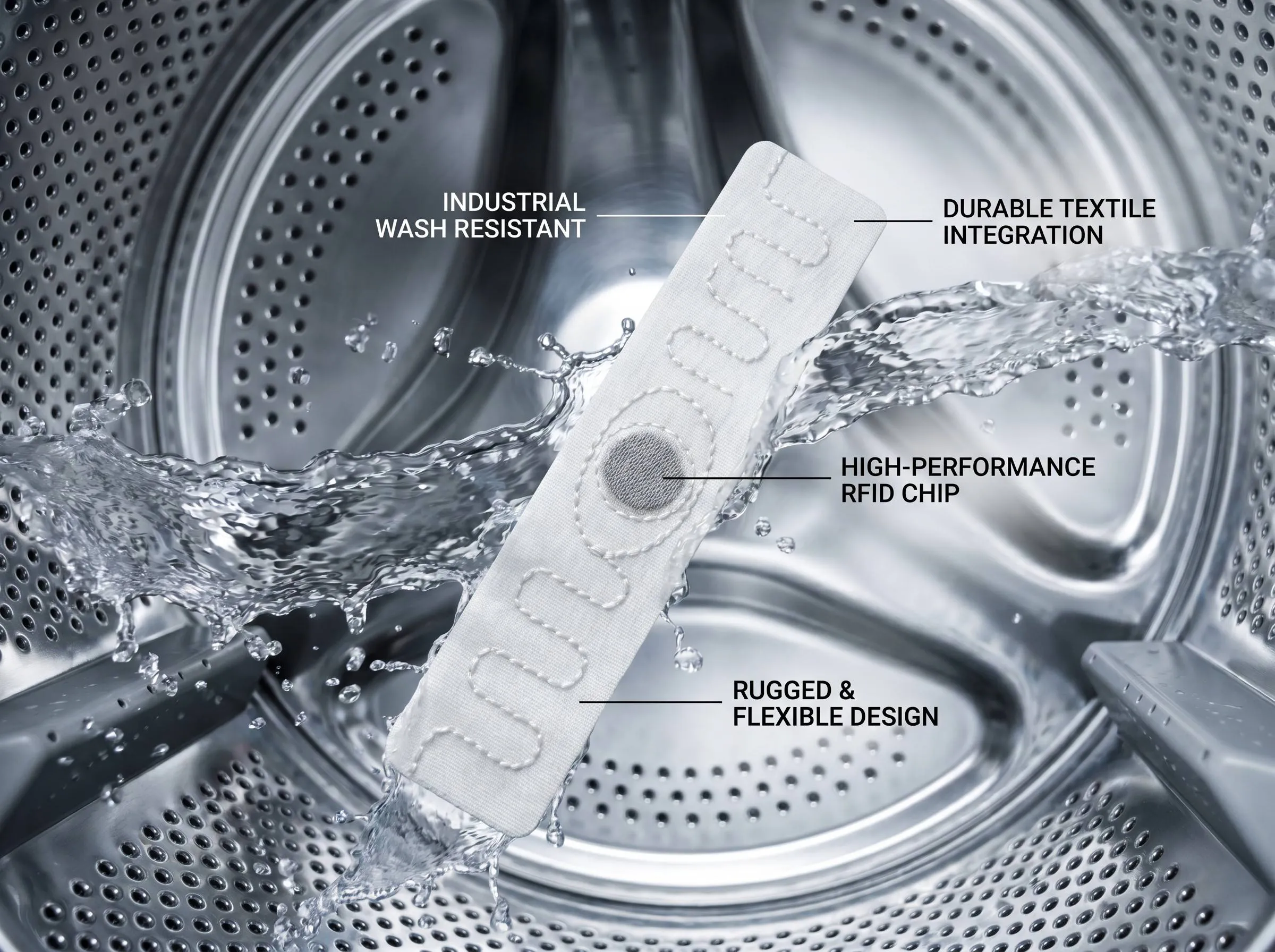 SIGAN flexible white RFID textile tag inside a stainless steel industrial laundry machine drum