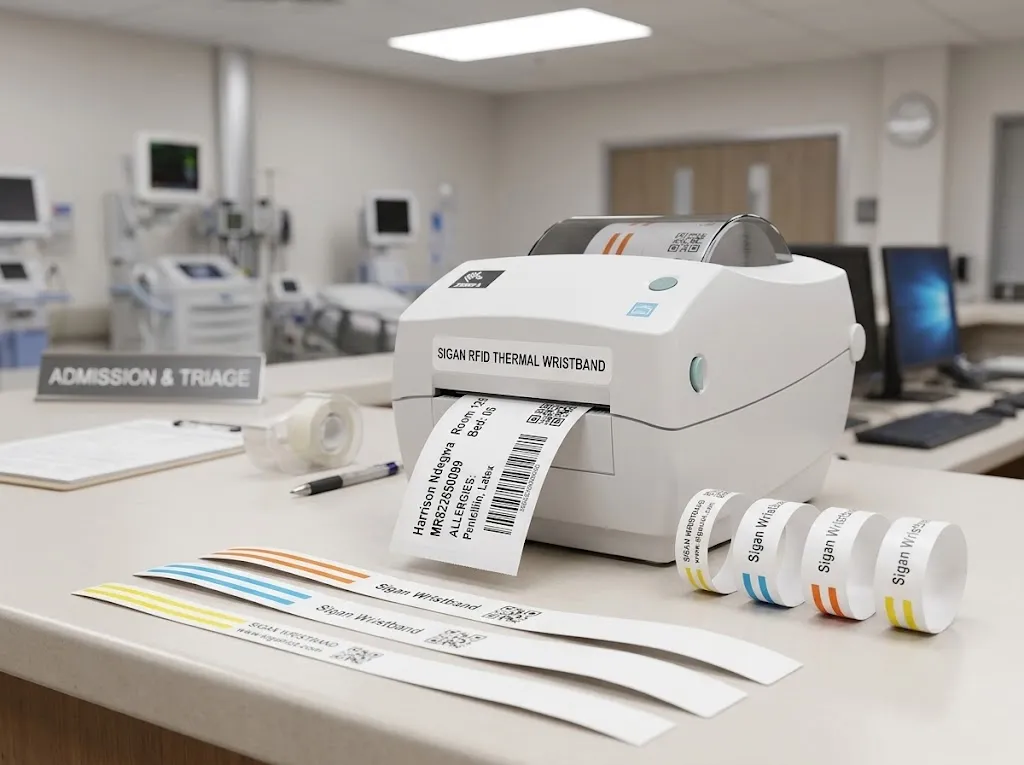 SIGAN RFID patient wristband being printed by a direct thermal medical printer