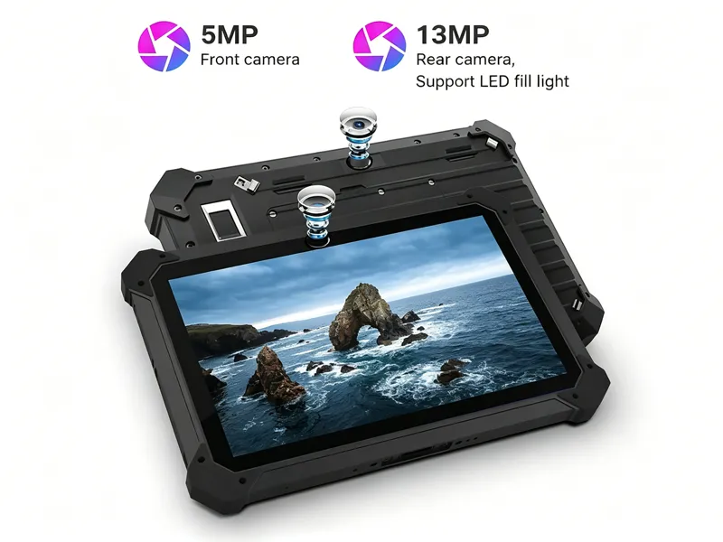 Thirteen megapixel high definition camera array with autofocus led flash on rugged industrial tablet computer